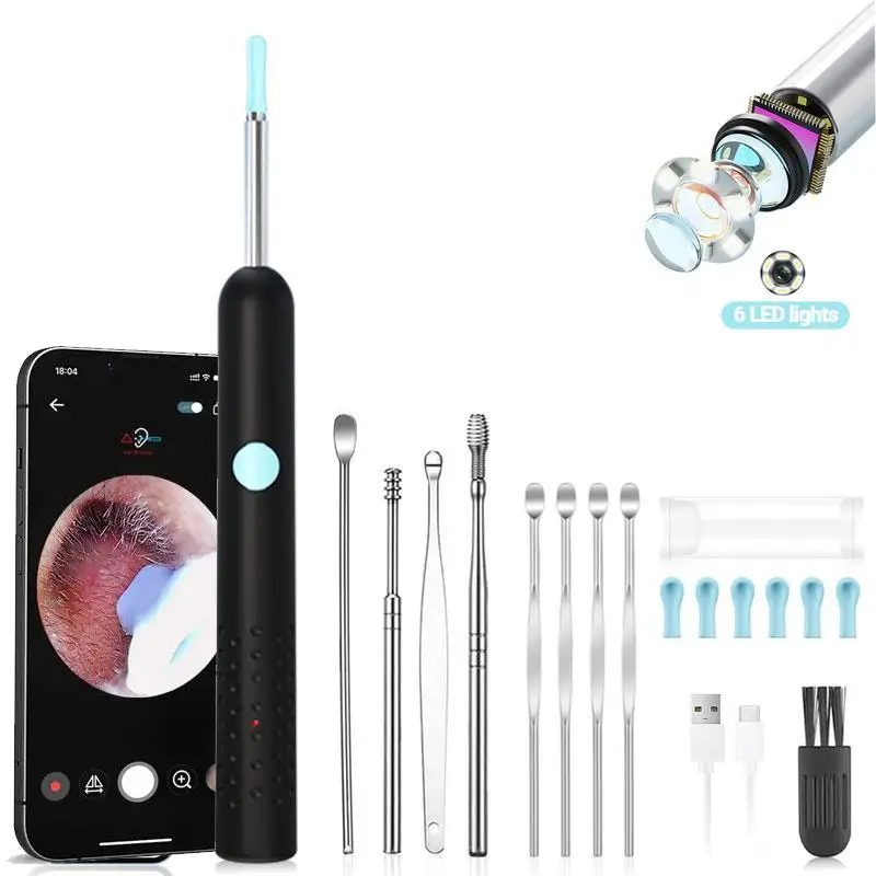Ensemble d'outils rechargeables pour enlever le cérumen avec 360 °   Caméra grand angle, étanche, chargement USB-C, outil de nettoyage des oreilles portable