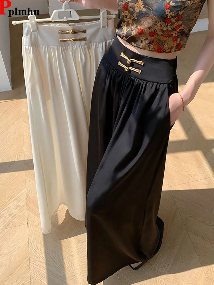 

Chic Design Baggy Wide Leg Pants Women Elastic High Waist Loose Straight Pantalones Thin Ice Slik Chinese Style Calcas Feminina