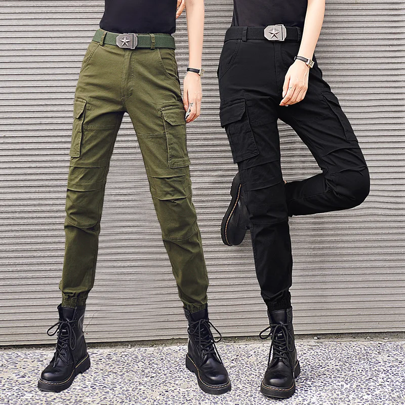 Nuove donne pantaloni Cargo in cotone a vita alta elastici dritti fan dell'esercito escursionismo pantaloni Casual legati alla caviglia pantaloni tattici militari