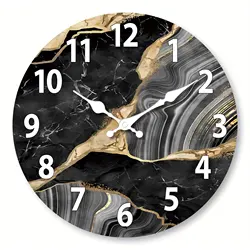 1pc round wooden wall clock, modern simple marble texture pattern design wall clock, silent clock, suitable for living room, din