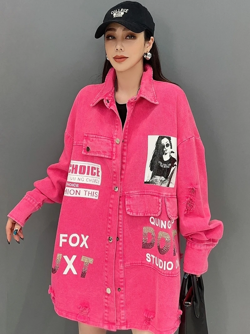 Vefadisa 2024 Autumn New Women Red Denim Coat Lapel Long Sleeve Letter Printed Coat Casual Fashion All-match Coat ZXY604A