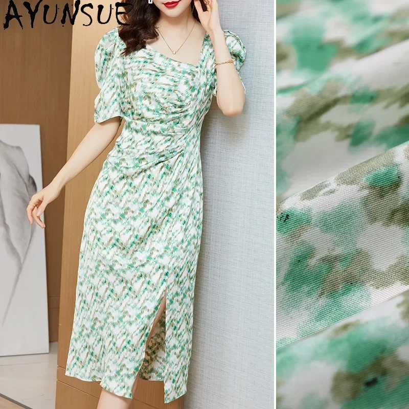 AYUNSUE 100% Echte Maulbeerseide Kleider Sommer 2024 Frau Elegante Luxus Lange Kleid Hohe Qualität Frauen Kleidung Vestido Verde