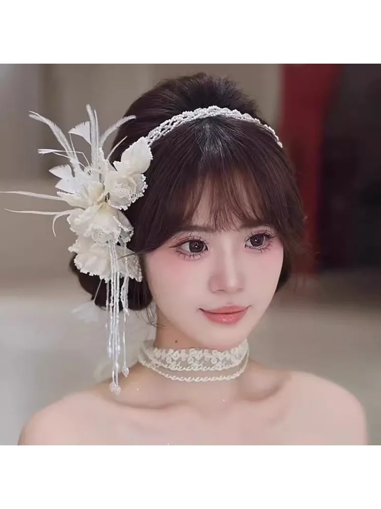 フレンチレトロシルクフラワービーズフリンジヘッドバンドブライダルウェディングドレスヘアアクセサリー