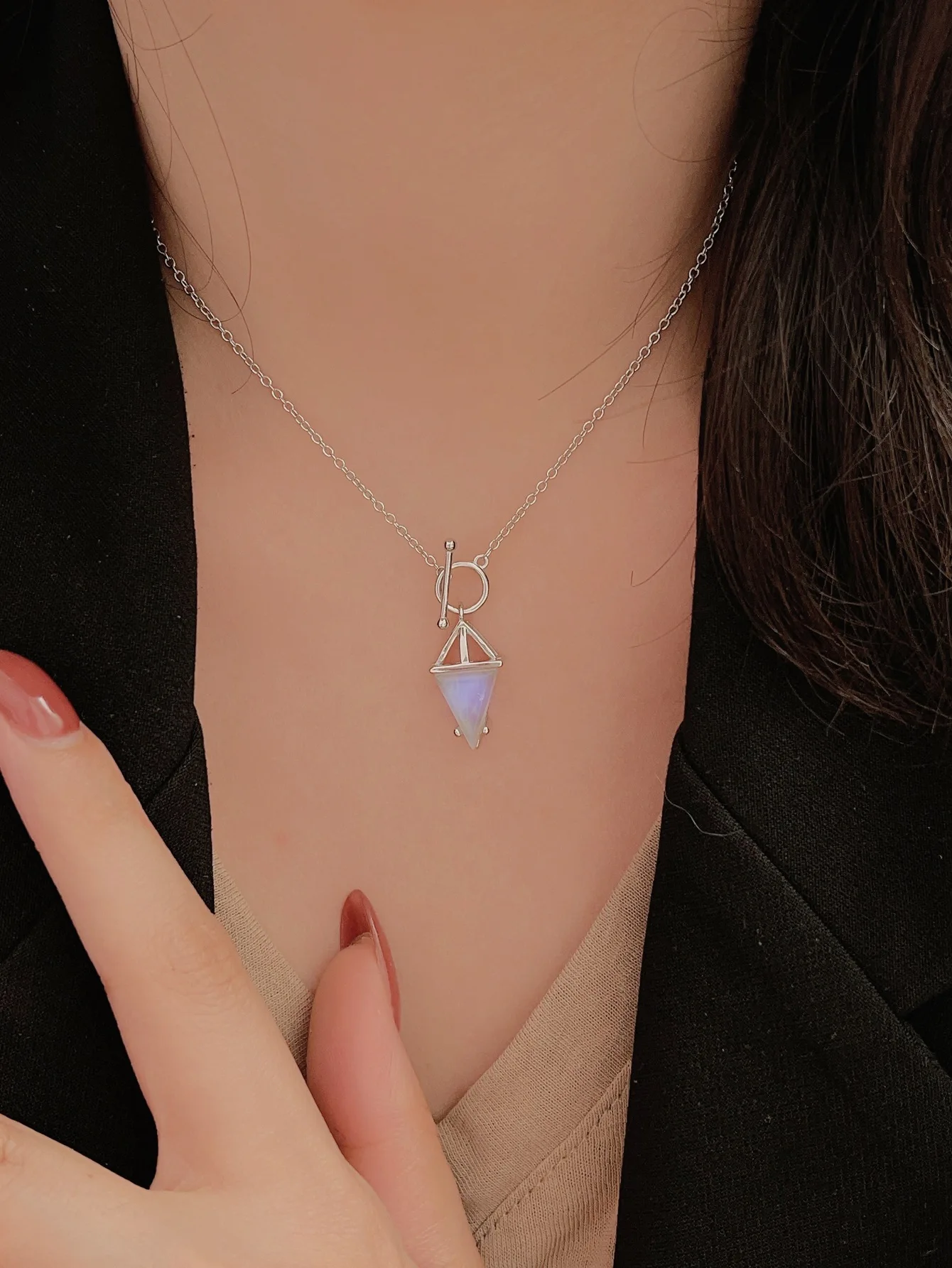Necklace Made of Pure 925 Silver and Moon Stone with Triangle-shape Pendant for Cool Style,3 Color Options