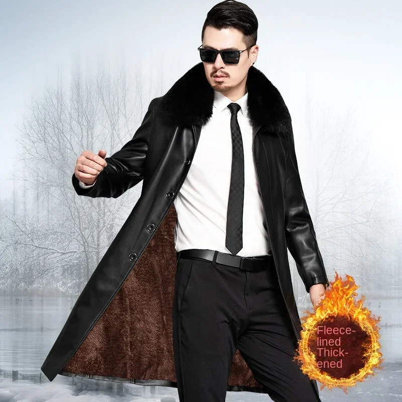 

Men's Long Over Knee Leather Trench Coat Men Plus Fleece Thickened Warm Leather Winter Coat Leather Biker Jacket Men