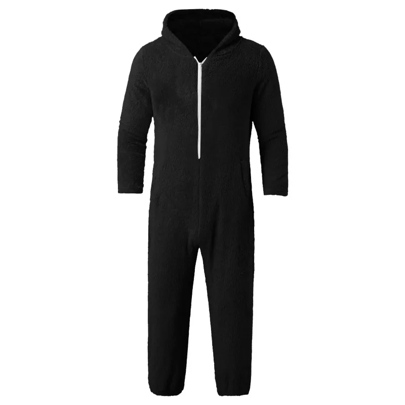 Popular Winter Thickened Double-sided Velvet Men's Solid Color Hooded One-piece Pajamas Casual Loungewear Men Jumpsuit image 6