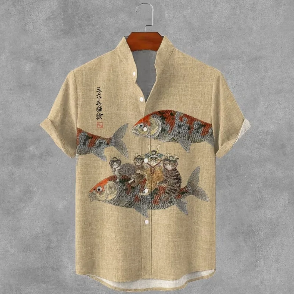 New Japanese style ukiyo-e samurai cat print men's short sleeved shirt with black base lapel casual shirt