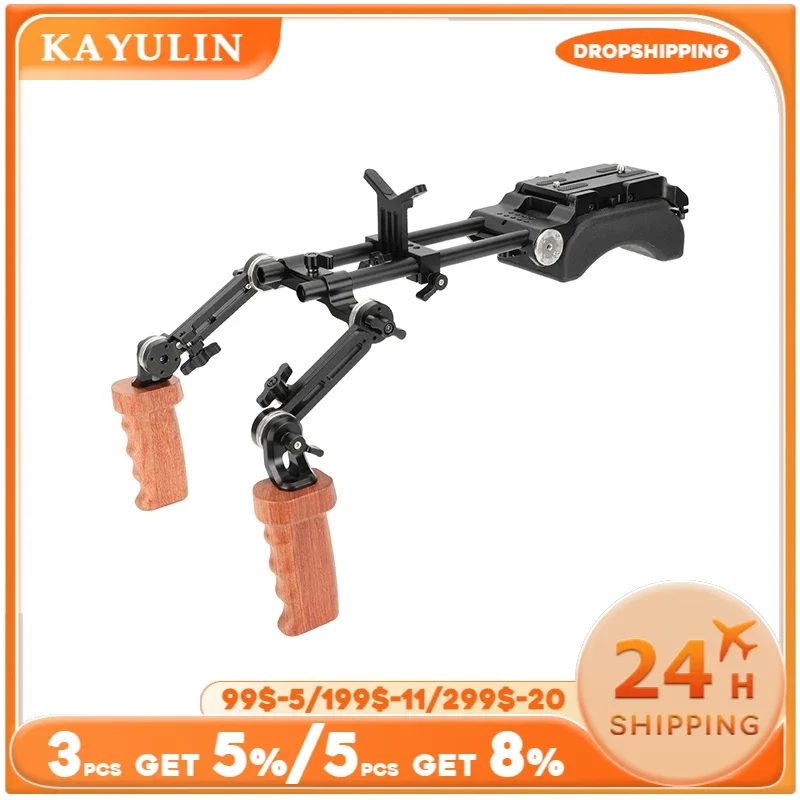 Kayulin Shoulder Mount 15mm Railblock Rig with ARRI Camera Plate and Wooden Handgrip For DSLR Cameras and Camcorders