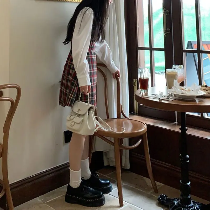 Preppy Style Plaid Waist Dresses Spring Autumn Fake Two Pieces Female Clothing Polo-Neck Patchwork Korean Long Sleeve Midi Dress