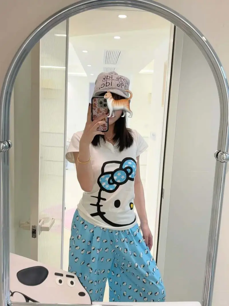 Модный пижамный комплект Sanrio из 2 предметов, комплект домашней одежды Hello Kitty, слинг для девочек, летние охлаждающие брюки Y2K, корейский стиль для девочек