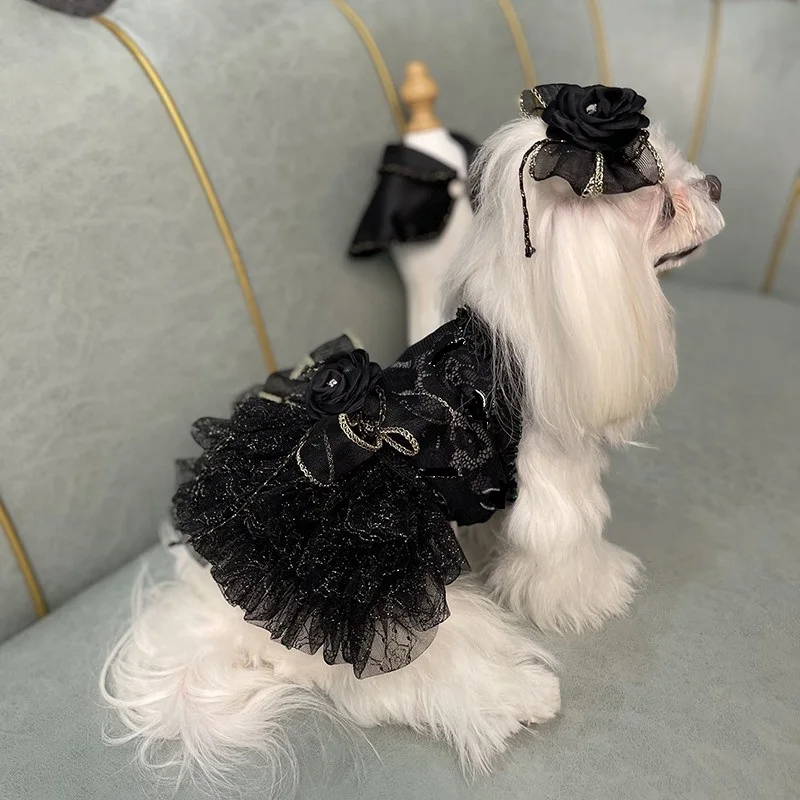 

Handmade Dog Clothes Pet Supplies Dress Cloak Hair Accessories Sets Golden Black Tulle Tiered Skirt Tutu Elegant One Piece Party