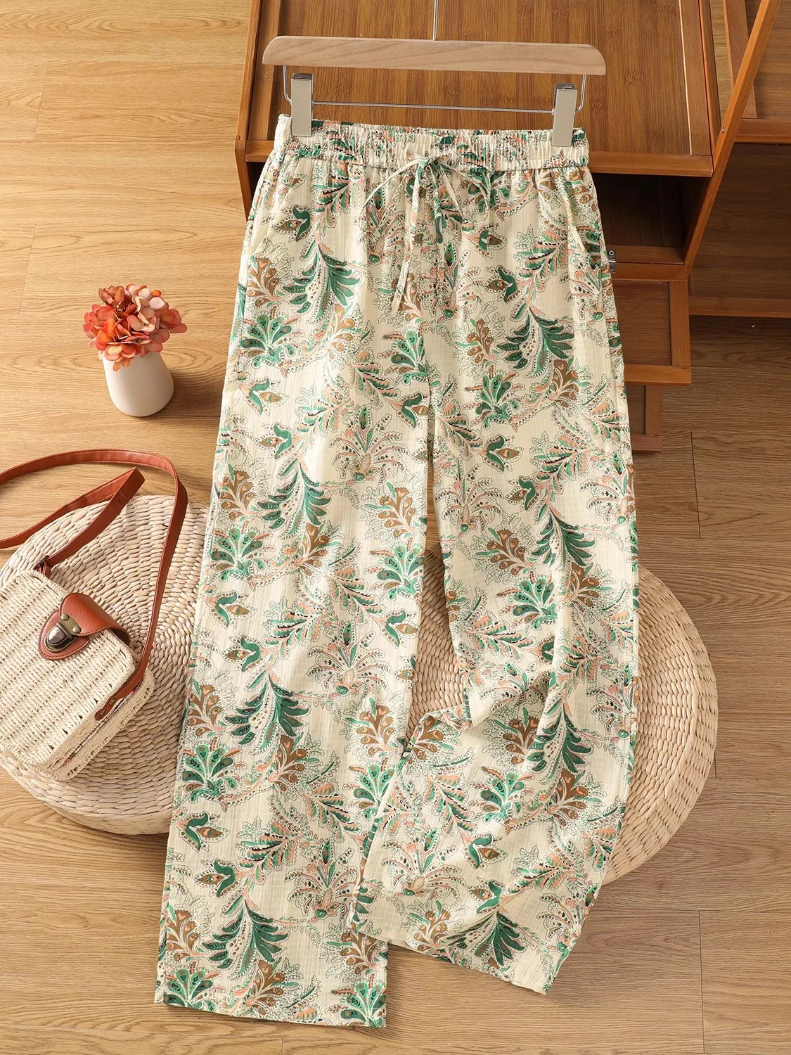 

Vintage Floral Print Straight Pants 2025 New Summer Casual Loose Women Elastic Waist Harem Pants Female Holiday Travel Trousers