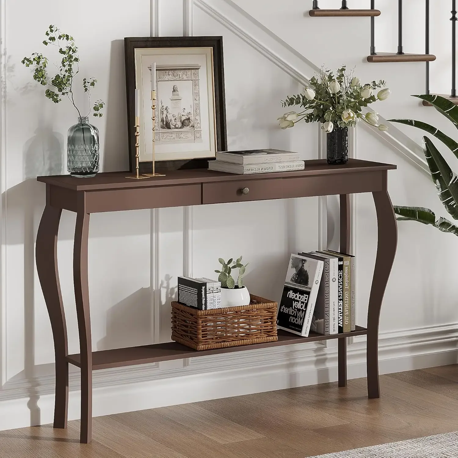 47 Inch Narrow Console Table with Drawer, Chic Accent Sofa Entryway Table with Shelves for Entryway, Living Room, Hallw