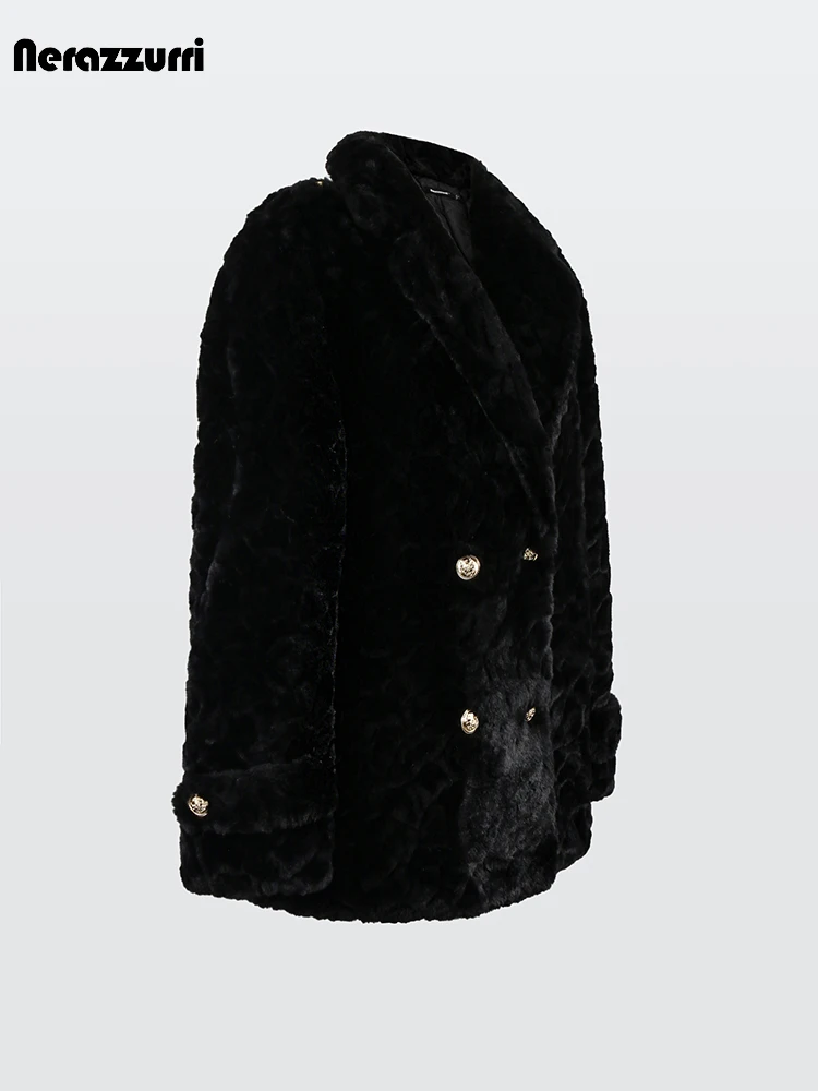 Nerazzurri Autumn Winter Thick Warm Soft Black Faux Fur Blazer Coat Women Gold Buttons Double Breasted Loose Fuzzy Fluffy Jacket