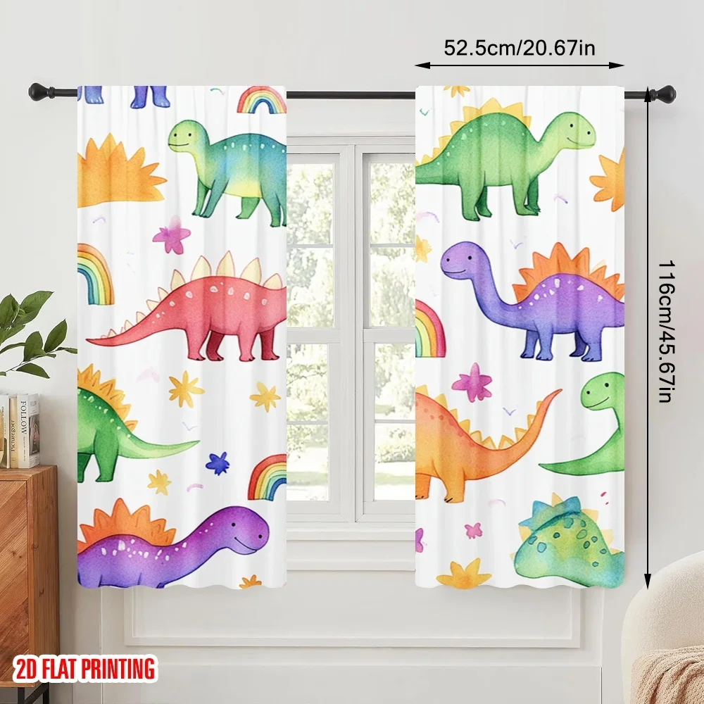 2pcs,2D plane printing Curtains&Window Treatment Dinosaur Rainbow Flower Versatile 100% Polyester (without rod) Art Deco Festive