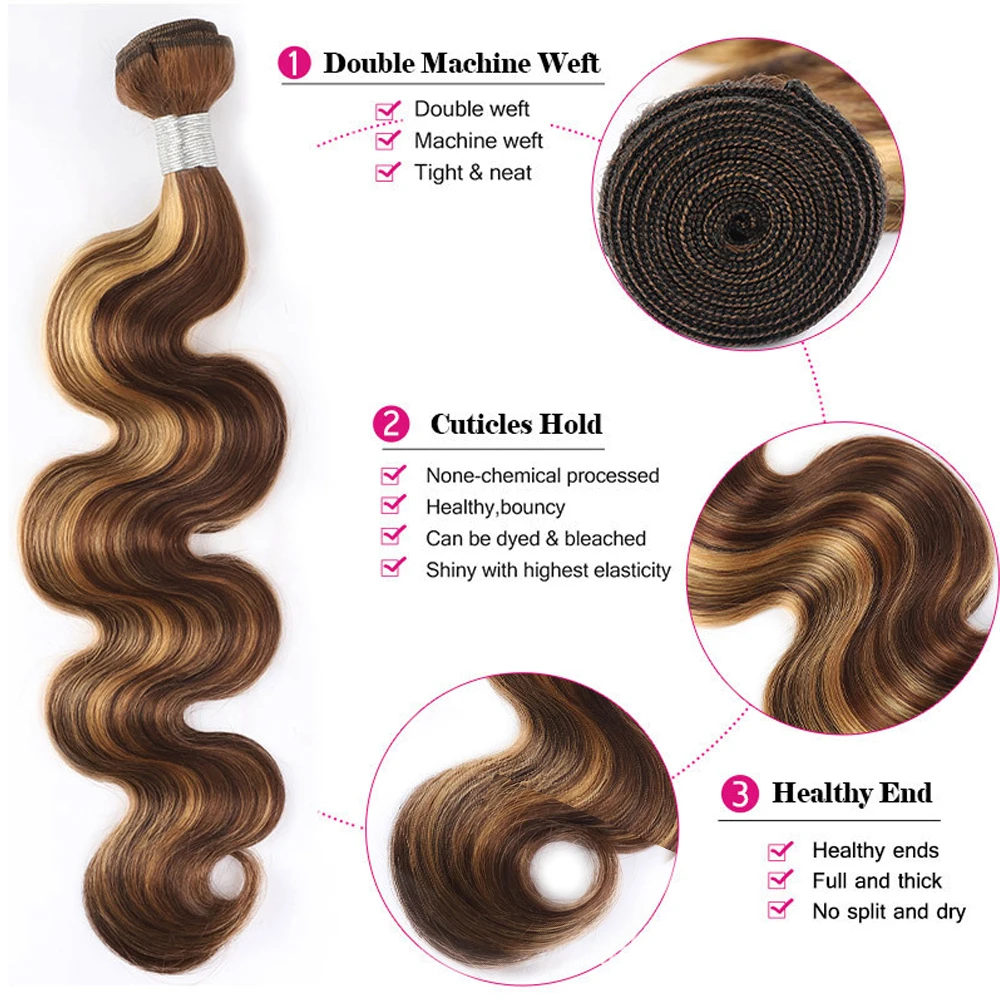 24 بوصة الشعر البشري 3 4 حزم مع إغلاق العسل شقراء تسليط الضوء على البرازيلي شعر مموج نسج حزم مع أمامي للنساء #5