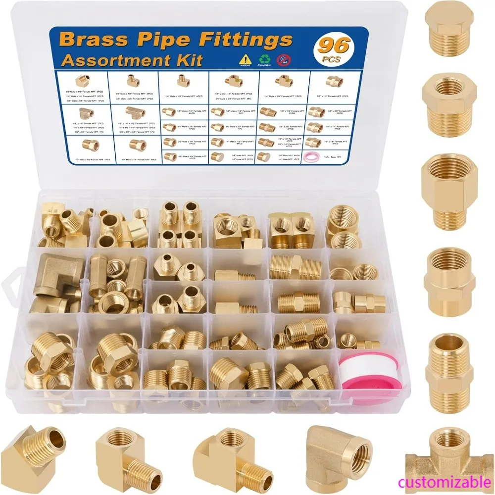 

Brass Pipe Fittings Kit: 96 Pieces Including NPT Adapters, Reducers, Hex Nipples, Couplings, Head Plugs, and 45° & 90° Elbows