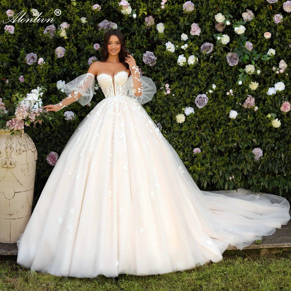 

Alonlivn Elegant Tulle A-Line Wedding Dresses Appliques Lace Off Shoulder Sleeves Sweetheart Bridal Gowns