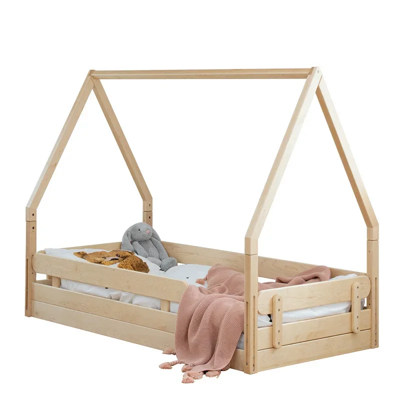 Flying house bed, solid wood , wooden house Montessori bed, raised guardrail roof blackboard growth