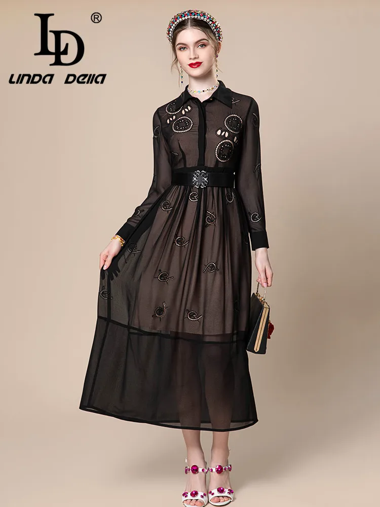 LD LINDA DELLA Autumn Pretty Dress Women's Black Splice Long sleeve Belt Embossed hollow Flesh color in the lining Draped Dress