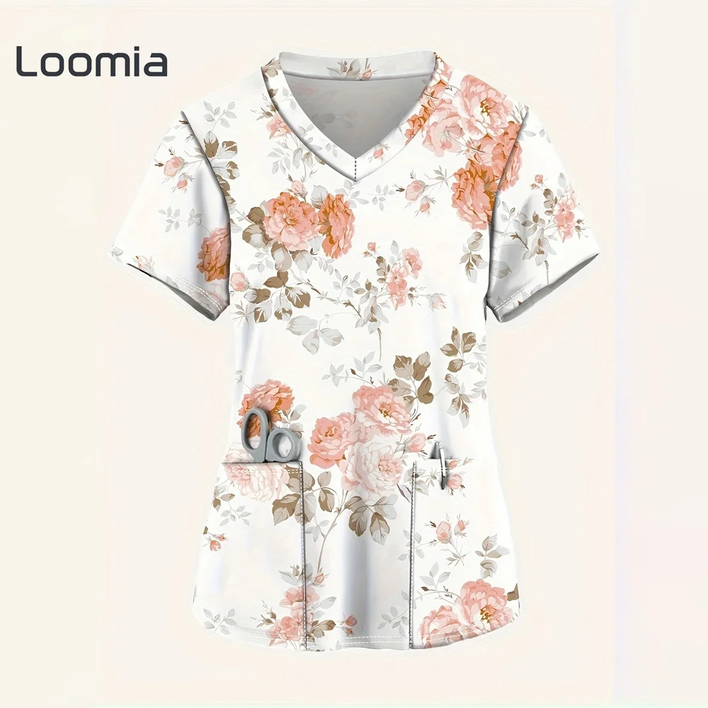 

Flower Print Women’s Surgical Scrubs Summer Breathable Surgical Uniforms Woman Fashion Scrubs Uniform Woman Flower Graphic Tops