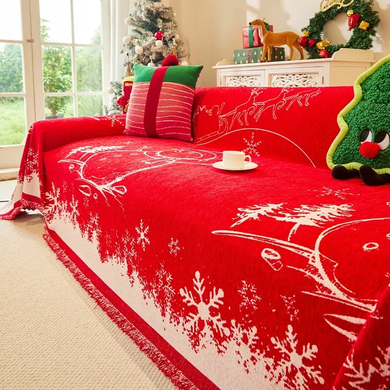 1pcs Red Chenier Couch Cover Christmas Full Coverage Sofa Towel One Piece Sofa Covers Pet Friendly Multi Functional Sofa Blanket