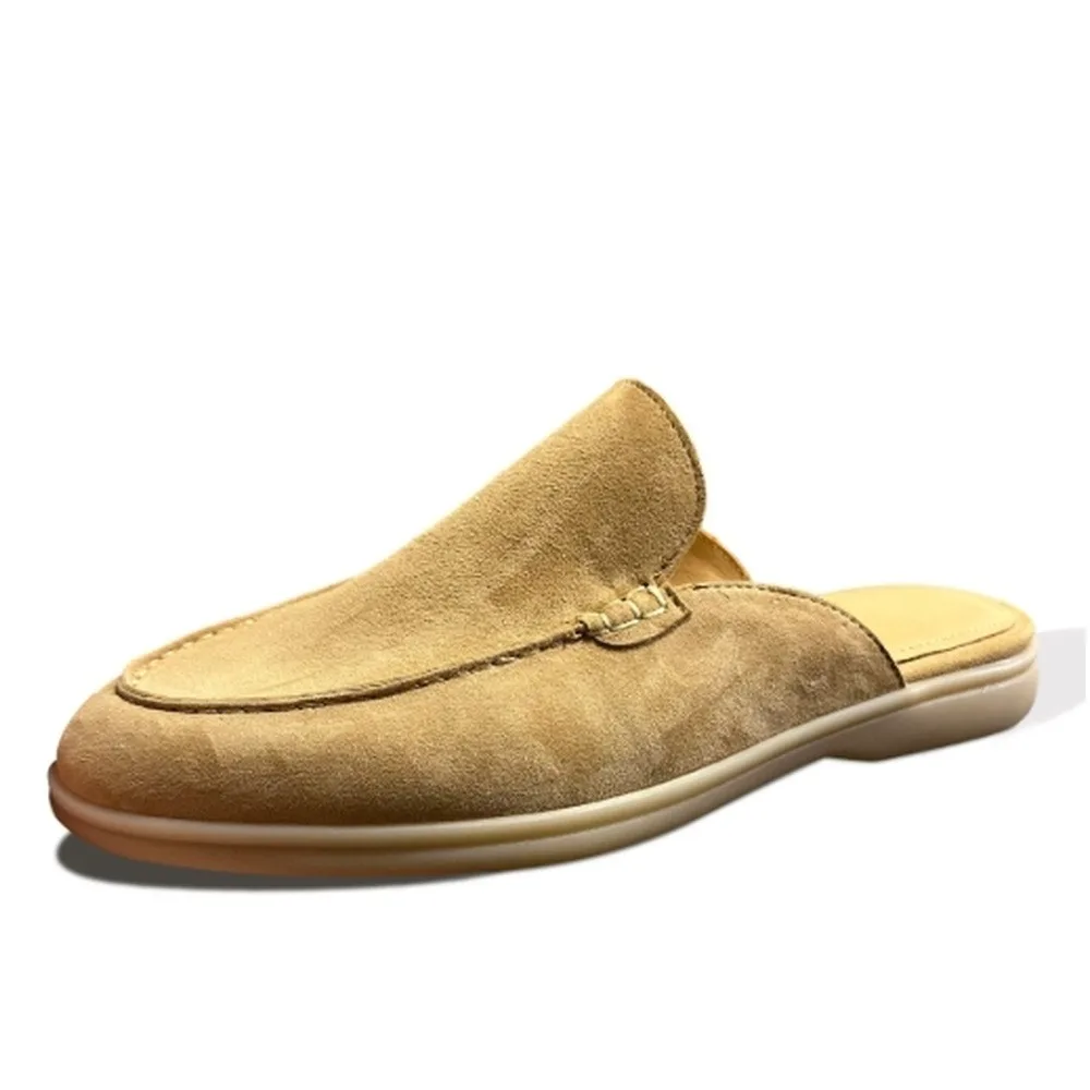 Khaki-colored soft flat mule sandals, lightweight and slip-resistant sole, suitable for daily casual wear