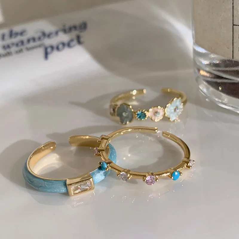 PANJBJ 925 Sterling Silber Goldene Blumenringe für Frauen, Tropfenglasur, Pflanzenmotiv, unregelmäßig, verstellbar, süßer Schmuck, Geschenk, Dropshipping – Detail 8