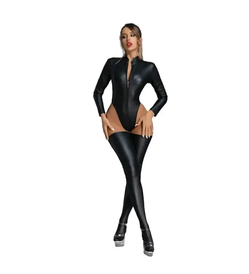 

Women Body Shaper Sexy Lingerie Front Zipper High Neck Short sleeve Faux Leather Bodysuit Stage Performance One Pieces Jumpsuits