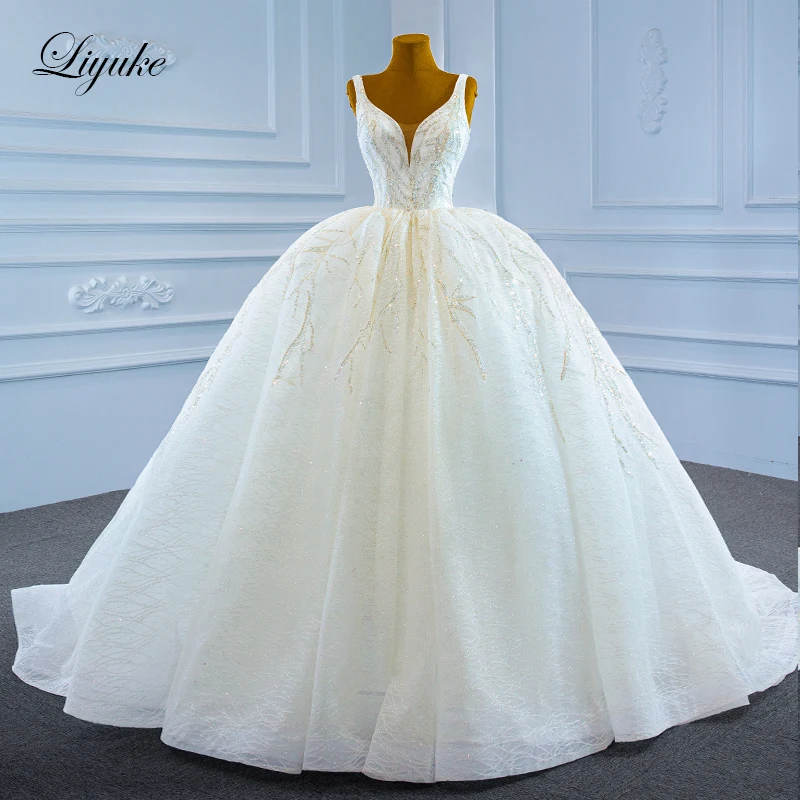 

Liyuke Elegant Style Spaghetti Straps Ball Gown Wedding Dress Of Stunning Appliques Lace Bridal Skirts