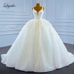 Liyuke Elegant Style Spaghetti Straps Ball Gown Wedding Dress Of Stunning Appliques Lace Bridal Skirts