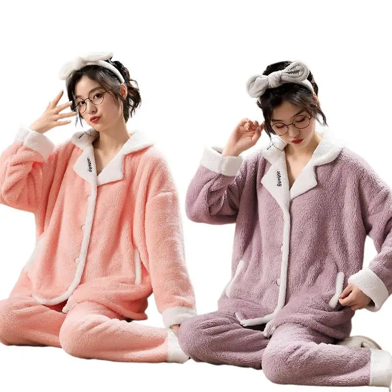 Ladies Fleece Pajamas Women's Pajama Sets Long Sleeve Winter Warm Homewear Long Sleeve Button Down Sleepwear for Ladies