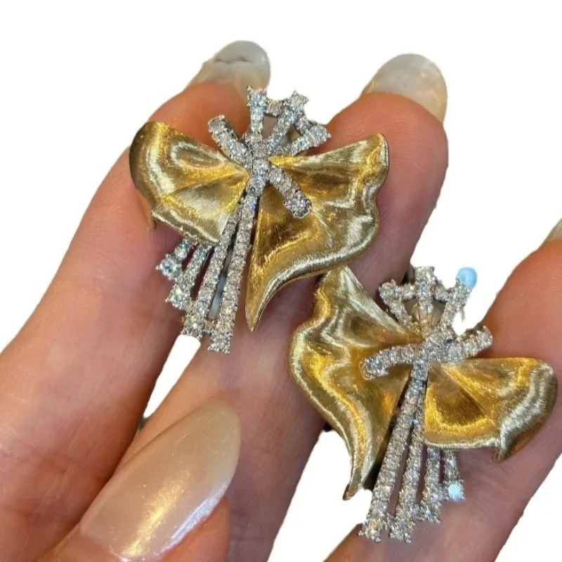 Classic irregular wire drawing bowknot earrings exquisite wedding light luxury earrings for women copper inlaid zircon jewelry