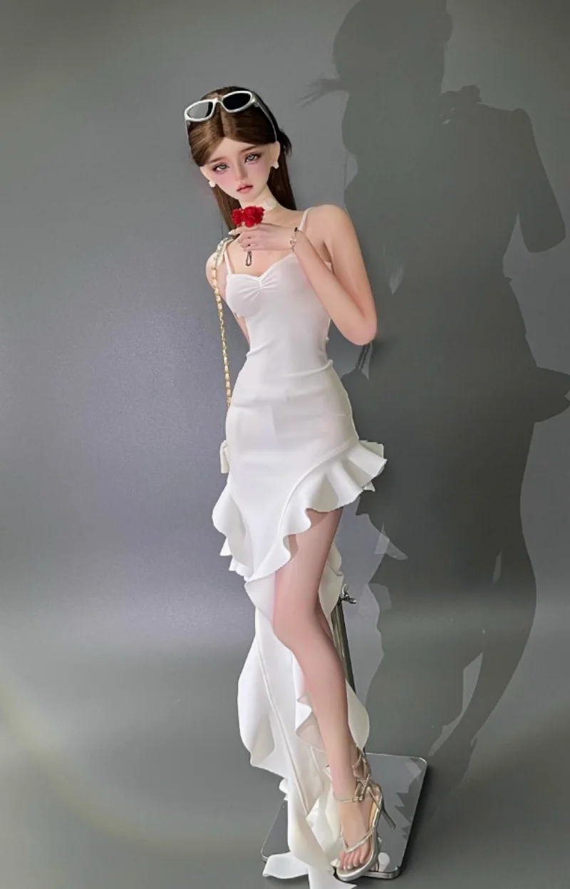 

bjd doll clothes are suitable for 1/4 1/3 size ruffled white irregular halter dress long doll accessories