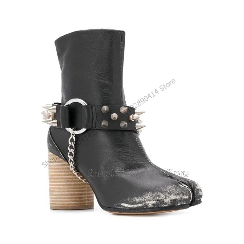 Metal Rivets Chain Decor Black Horse Hoof Boots Mid Calf Women Shoes Chunky High Heels Fashion Banquet 2023 Zapatos Para Mujere