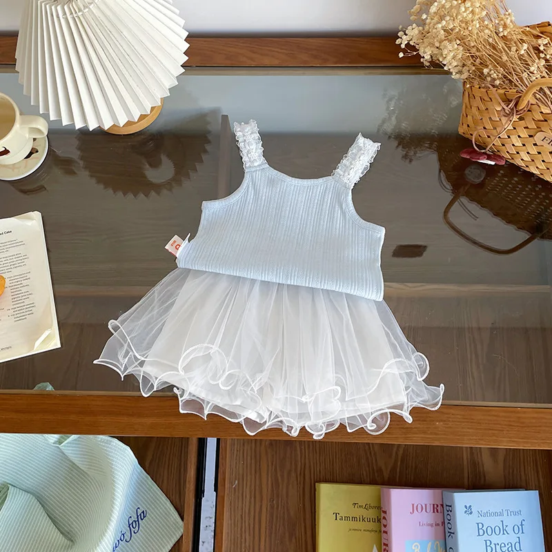 Summer Girls' Skirt Set Blue Lace Button Knitted Top+White Mesh Half Skirts 2Pieces Outfit 2026 New Children Clothes ﻿ 4