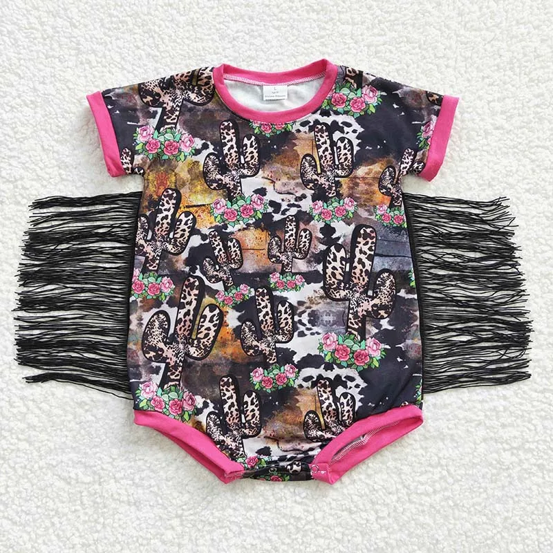 Wholesale Newborn Cow Print Romper Western Cactus Hats Tassel  Jumpsuit Toddler Kid Children Summer Baby Girl Howdy One-piece