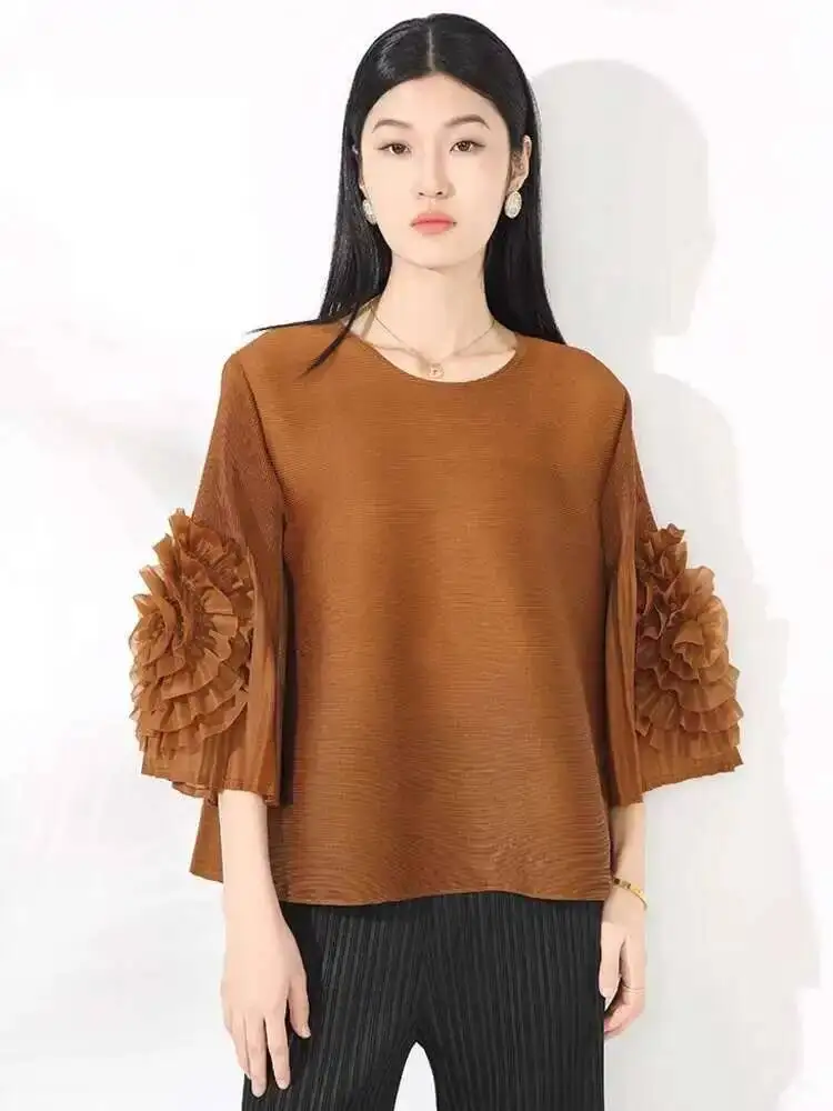 Pleated Three-quarter Sleeve T-shirt For Women Round Neck Patchwork Flower Causal Tops Fashion Summer 2025 New RIFY