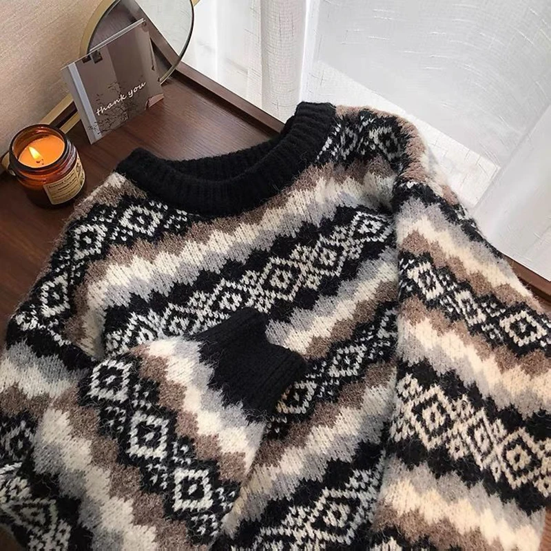 Oversized Geometric Sweater Women Vinatge Loose Round Neck Knitted Pullover All-Match Long Sleeeve Knitwear Top Plus Size Winter