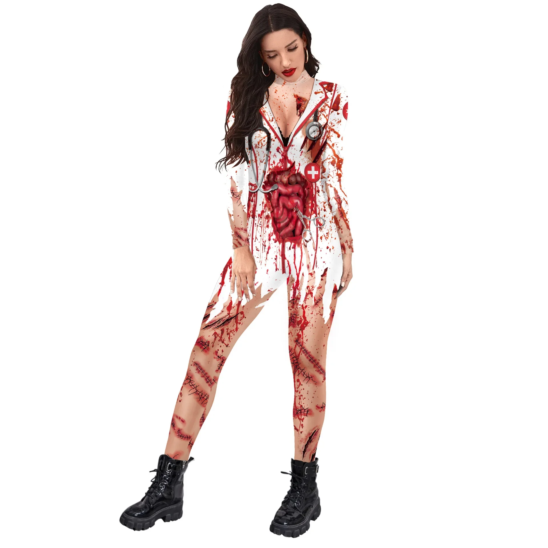 Halloween kobiety Cosplay straszny blizna krwi drukowanie pielęgniarka Zombie jednolite seksowne wąskie body Zenti karnawał etap ubrania imprezowe