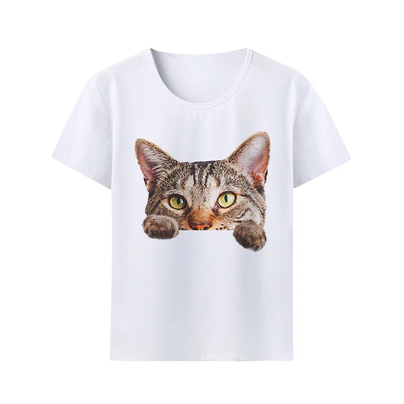 Cute Animal Cat Pet Print T-shirt Casual Family Sleeve Crewneck Modal Fabric Children's Wear Kids Clothes Boys and Girls