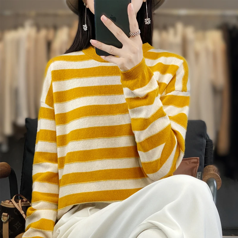 Women Merino Wool Sweater, Round Neck, Strip Pullover, Color Matching, Casual Knitted, Bottoming Tops, Spring, Autumn, New Soft