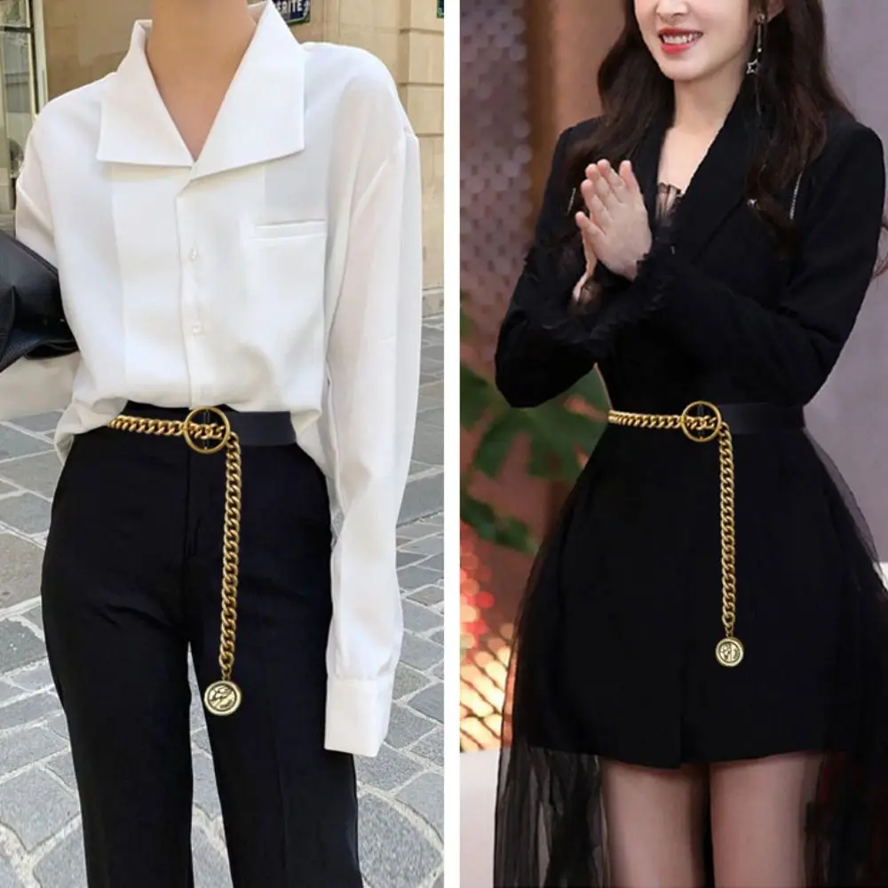 كل مباراة مشبك معدني بولي حزام حزام جلد سليم الجانب الكورية نمط رقيقة الخصر سلسلة دعوى مطابقة فستان قابل للتعديل سلسلة بنطلون