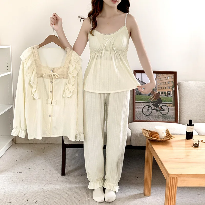 Autumn Three-piece Pajama Sets Lace Sleeping Pajamas For Women 2 Piece Set Outfit Chest Pad Pajamas Suspenders Top Pijama Mujer