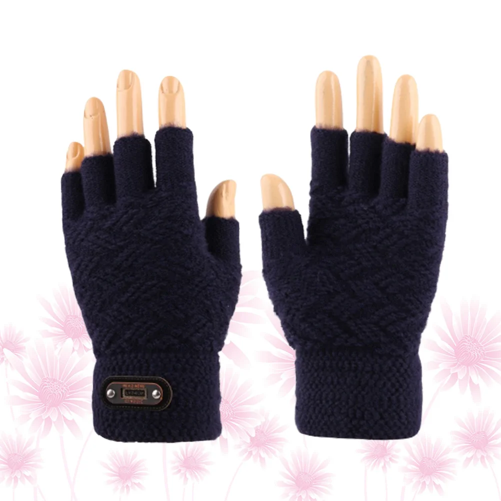 1Pair Touch Screen Gloves Men Knitted Winter Gloves Warm Windproof Half Finger Outdoor Accessories Navy Winter Accessories