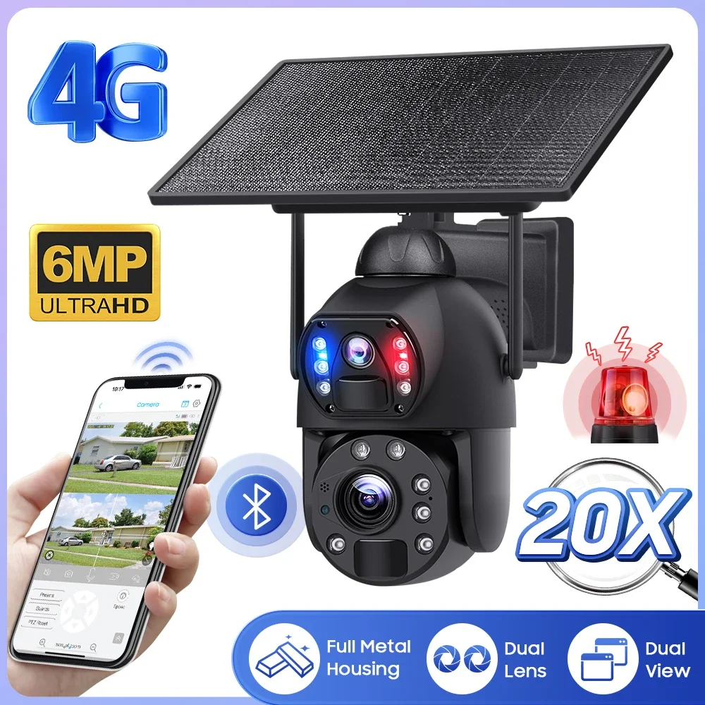 2-in-1 Solar Street Light Camera 6MP PTZ CCTV Camera Dual Lens 20X Zoom WiFi 4G Outdoor Security for Garden Yard Farm