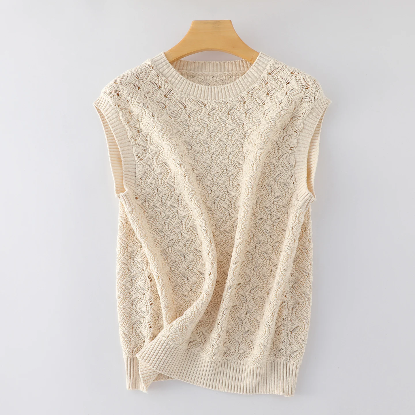 

Летний женский жилет из 100% хлопка, повседневный, однотонный, вязаный, без рукавов, свободного кроя, с круглым вырезом, ажурный топ-майка