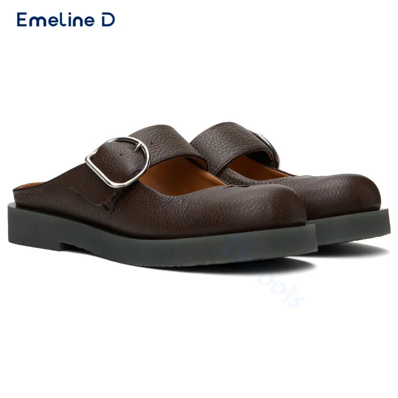 Sandal selop kulit modis dan nyaman, sandal kasual, sepatu kulit modis, ukuran besar, sandal Pull-On, ujung bulat, gesper, warna coklat