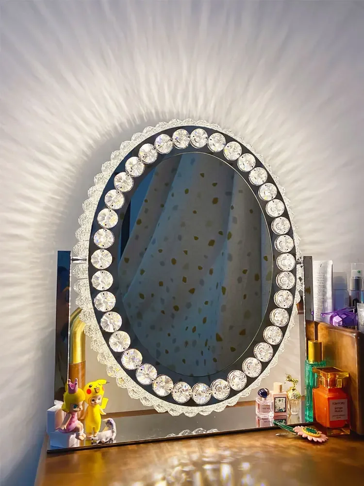 Large crystal LED makeup mirror with light, high-end dressing mirror, desktop desktop girl light luxury