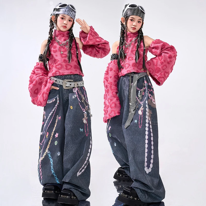 Abiti da ballo jazz per bambini Kpop Outfit Ragazze Spettacolo teatrale Costume da spettacolo Rosa Crop Top Pantaloni in denim Abbigliamento da ballo di strada AMY2676